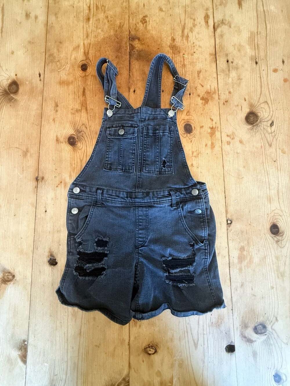 No Boundaries Denim Overalls Shorts Black Distressed Shortalls Size M (7-9)